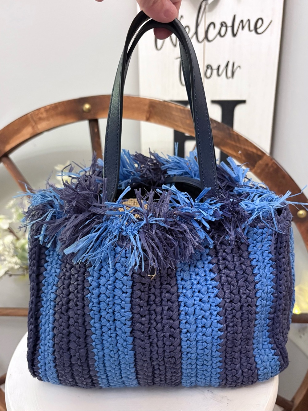 ♠️ KATE SPADE Handcrafted Blue Striped Raffia Tote Bag with Fringe Trim